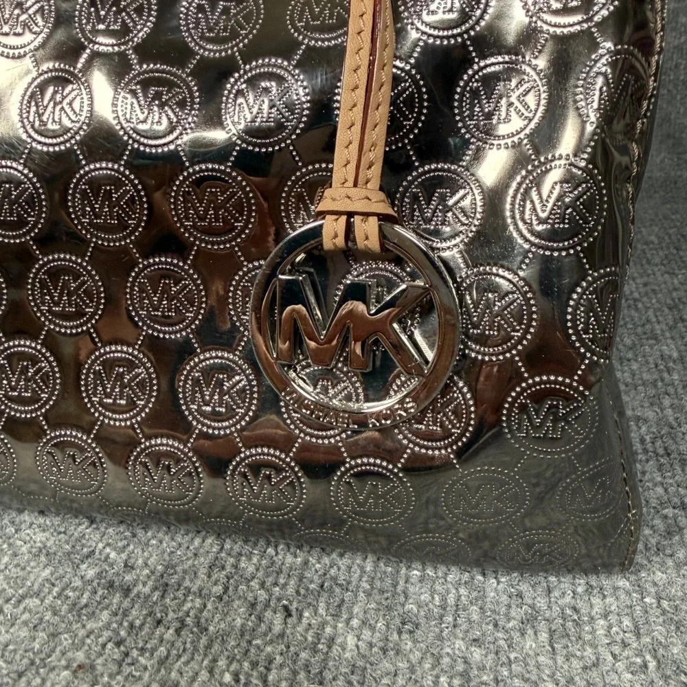 Michael Kors Grayson Satchel Bag Black Monogram Mirror Metallic Zipper Closure